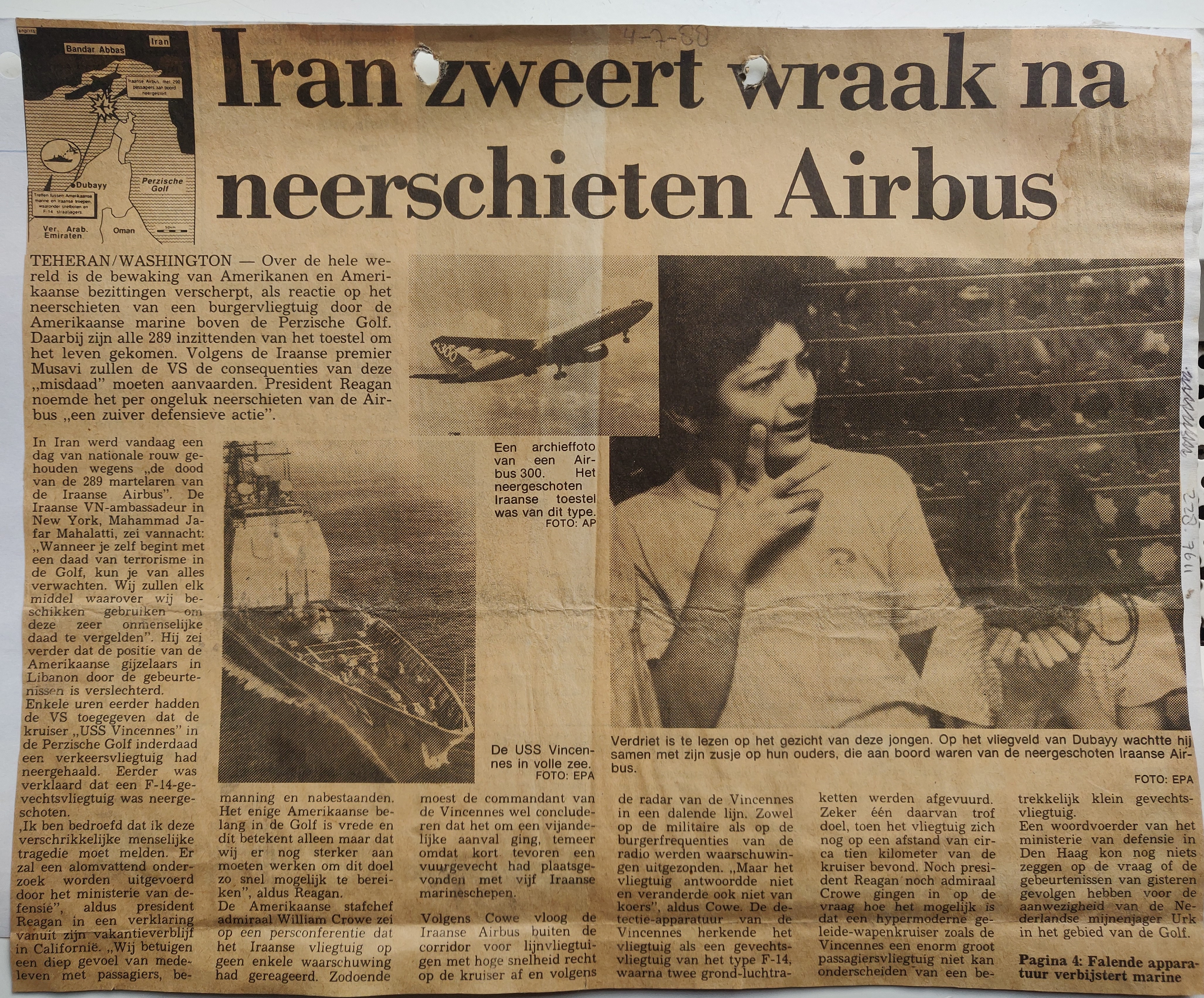 Iranian Airbus A300B2-200 EP-IBU crash newspaper article with picture of Uss Vincennes and crying girl