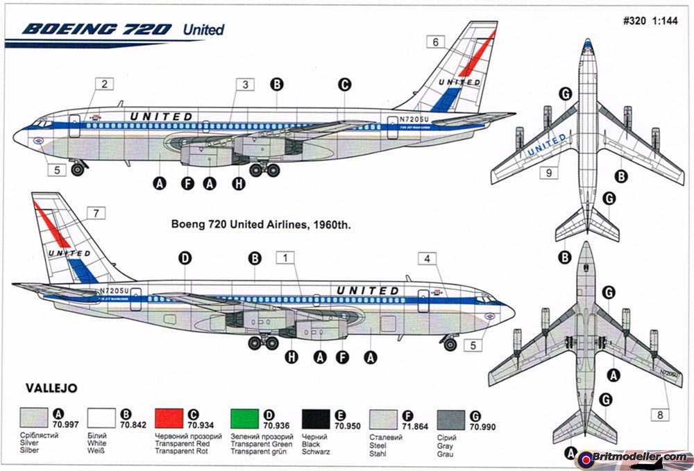 Roden_320_Boeing_720_33 | United Airlines | N7205U | 3-side view sacale drawing | 