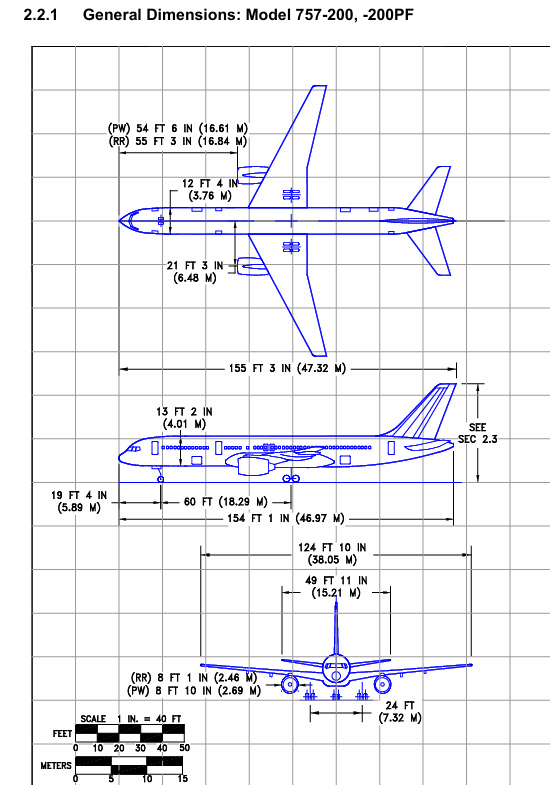Boeing 757-200 3-side view scale drawing