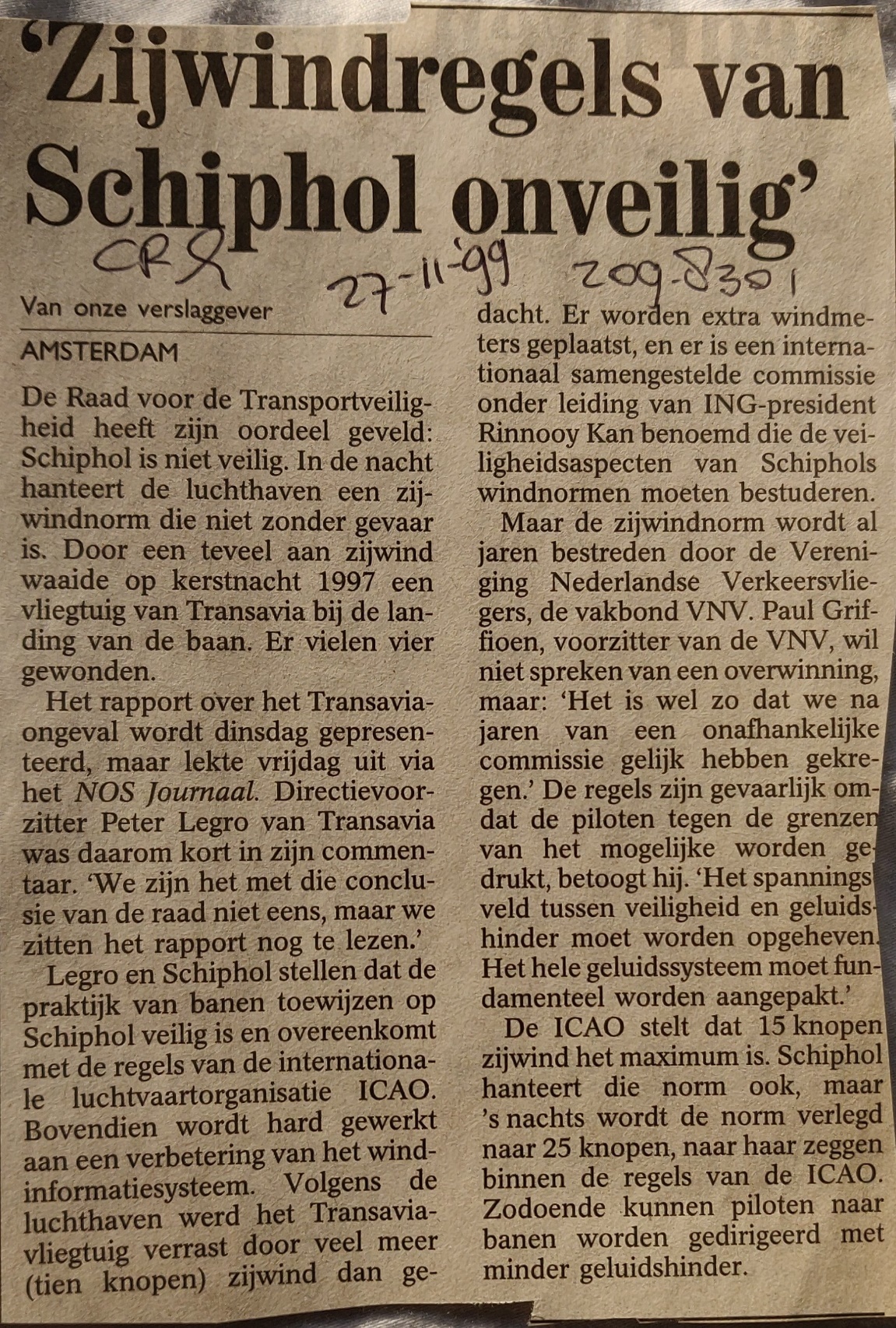 Boeing 757-200 | Transavia | PH-TKC | newspaper article 27 November 1999 crosswind regulations at Schiphol airport