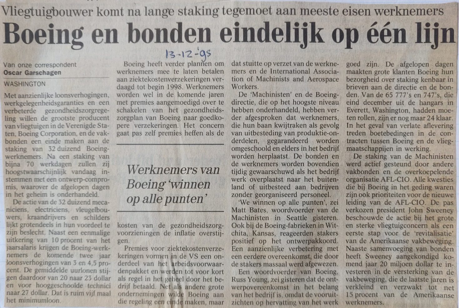 Newspaper article 13 December 1995 strike at Boeing, union reaches agreement, Boeing 777-200 production delayed