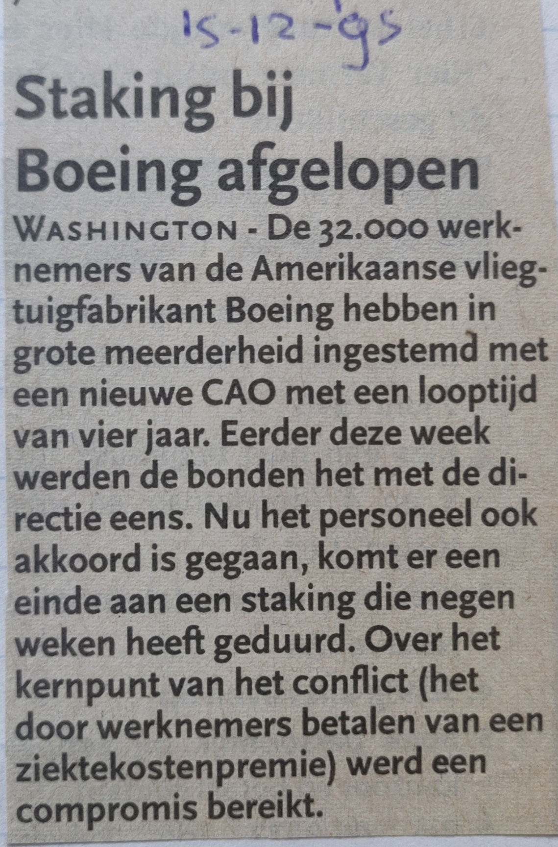 Newspaper article 15 Decdmber 1995 strike at Boeing has anded