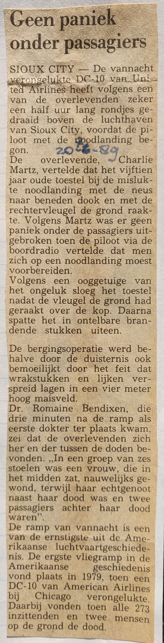 Newspaper article 20 July 1989 McDonnel Douglas DC-10-10 | United Airlines | N1819U | surviving passenger tells what happened