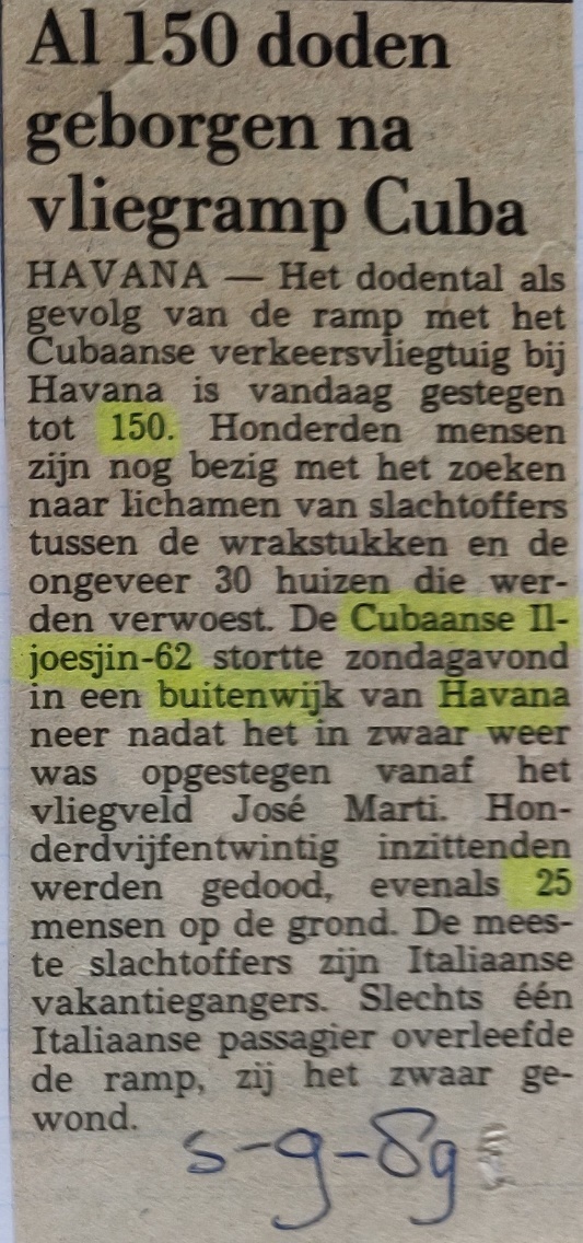 Ilyushin Il-62M | newspaper article 5 September 1989 | Cubana crash Cuba