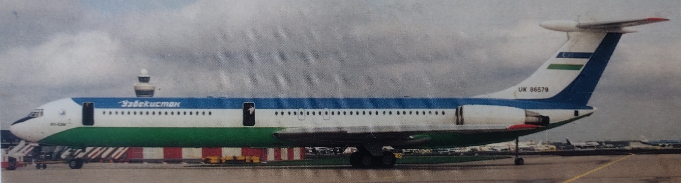 Ilyushin Il-62M | UK 86579 | Uzbekistan government | aircraft parked at Schiphol airport with doors open
