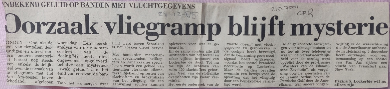 Boeing 747-100 PanAm Lockerbie disaster newspaper article 24 dec 1988
