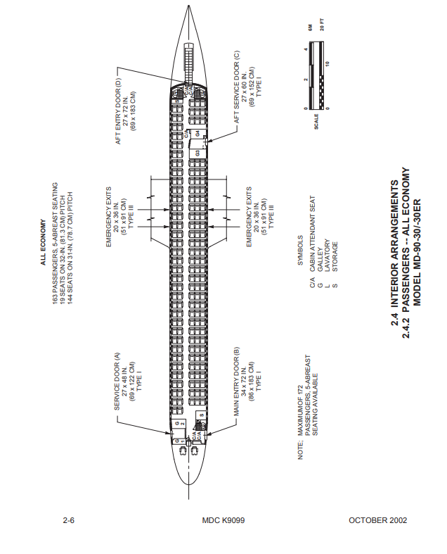 McDonnell Douglas MD-90-30 interior arrangements drawing | cabin layout for 163 passengers