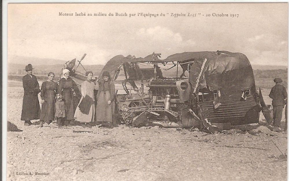 Gondola from stranded Zeppelin LZ85 L45    near Laragne, south of France with Maybach HS Lu engine and local people posing for the picture.