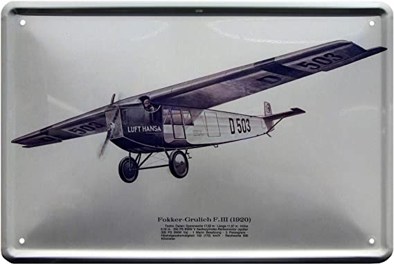Fokker-Grulich F.III 1920 vliegtuig Duitse rijkelijk 20x30 cm decoratieve  metalen plaat 410: Amazon.nl